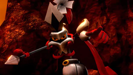 A striking HD desktop wallpaper from Super Mario RPG (2023), featuring a menacing character with a spear and dramatic red backdrop, capturing the game's vibrant and adventurous spirit.