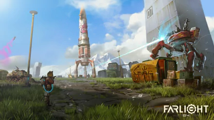 HD wallpaper of Farlight 84 featuring a post-apocalyptic scene with a character and a mech suit, with a towering rocket in the background.