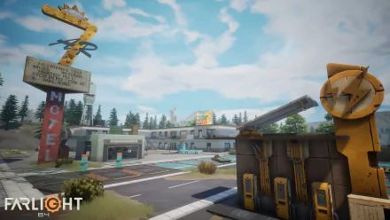 HD desktop wallpaper featuring a Farlight 84 game scene with a post-apocalyptic motel environment under a clear sky.