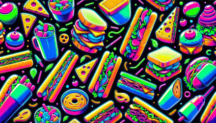 Colorful illustrated sandwich and fast food pattern HD desktop wallpaper.