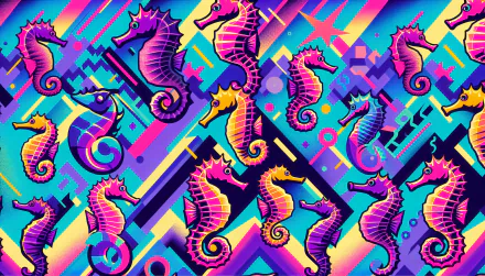 Colorful animated seahorse pattern desktop wallpaper with vibrant geometric background.