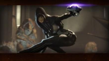 HD wallpaper featuring Kasumi Goto from Mass Effect 2, striking a dynamic pose while wielding a futuristic weapon in a visually captivating setting.