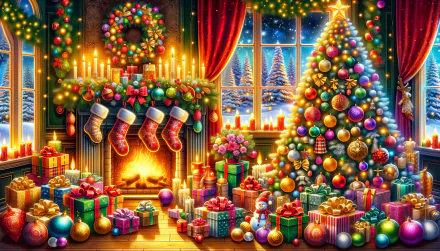 HD desktop wallpaper of a cozy Christmas scene with vibrant festive decorations including a decorated tree, stockings by a fireplace, and an abundance of gifts.