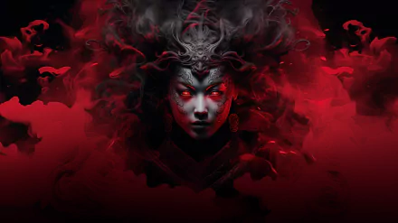 Dark-style HD PC wallpaper of a fierce samurai with glowing red eyes, surrounded by smoky red hues, created with AI art in a powerful Red Smode theme.