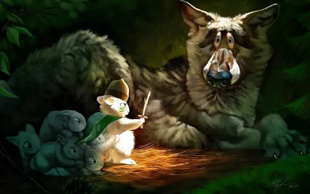A fantasy scene featuring a brave rabbit in a green cape wielding a stick, confronting a surprised wolf, surrounded by adorable, shadowy squirrel companions. HD PC desktop wallpaper.