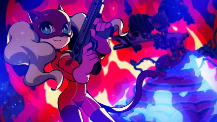 HD wallpaper featuring a dynamic Persona 5 Tactica action scene with vibrant red and blue colors, showcasing a stylized character in combat pose.