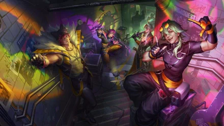 HD wallpaper featuring League of Legends characters Ezreal, Sett, Yone, and Kayn in dynamic poses, with a theme hinting at the Heartsteel in-game item.