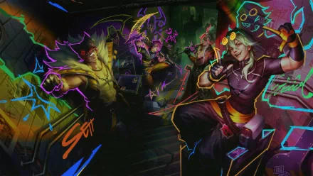 A vibrant HD wallpaper featuring Ezreal, Sett, Yone, and Kayn from League of Legends, showcasing a dynamic and colorful design with a Heartsteel theme.