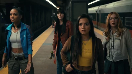 HD wallpaper of four women in a subway station scene, tagged with Madame Web, suitable as a desktop background.