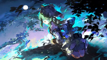HD desktop wallpaper featuring the character Huohuo from Honkai: Star Rail, set against a mystical moonlit backdrop with vivid foliage.