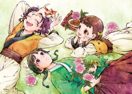 Three joyful characters from The Apothecary Diaries, lying amidst flowers. The colorful anime artwork features vibrant outfits and a serene, nature-inspired background.