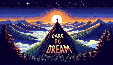 A vibrant HD wallpaper featuring a silhouette atop a mountain, with the sun rising behind. The bold text DARE TO DREAM inspires hope against a serene, colorful landscape.