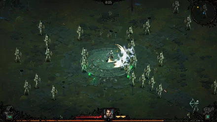 High-definition desktop wallpaper from 'Death Must Die,' featuring an intense battle scene with a hero surrounded by spectral enemies.