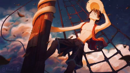 HD desktop wallpaper featuring Monkey D. Luffy from the anime One Piece, smiling with his straw hat on, standing atop a ship's mast against a colorful, cloud-filled sky.