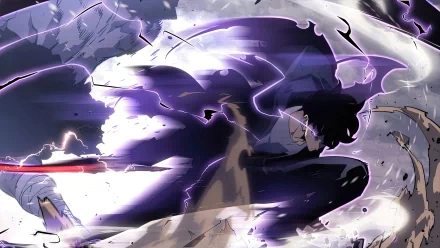 An intense HD wallpaper featuring Sung Jin-Woo from the anime Solo Leveling, capturing a dynamic action scene with vibrant colors and energy.