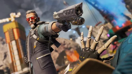HD wallpaper of Ballistic from Apex Legends, featuring an action-packed pose with a futuristic handgun and robotic hand in the foreground.