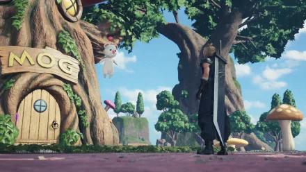 High-definition wallpaper of Final Fantasy VII Rebirth featuring a character near a whimsical tree with a MOG sign and a floating white creature.
