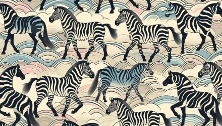 HD wallpaper featuring a pattern of zebras among stylized waves, creating a playful and artistic desktop background.