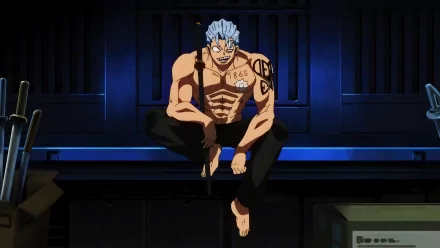 A detailed HD desktop wallpaper featuring Andy from Undead Unluck, showcasing his muscular physique and unique tattoos against a dark, atmospheric background.