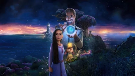 HD desktop wallpaper featuring animated characters from the film Wish (2023), set against a magical twilight landscape backdrop.