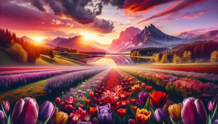 HD desktop wallpaper of a vibrant tulip field with a stunning sunset and mountain backdrop.