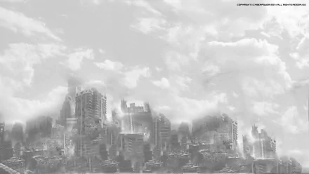 Dark, war-torn cityscape from Call of Duty: Modern Warfare 3, depicting an intense battle scene with smoke and destruction in a dramatic video game setting.