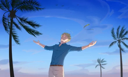 4K Ultra HD PC desktop wallpaper featuring Kento Nanami from the anime Jujutsu Kaisen, standing with arms outstretched against a vibrant blue sky and palm trees.