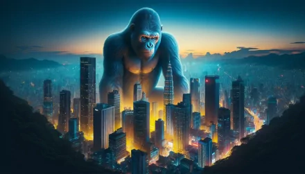 A striking HD desktop wallpaper featuring King Kong towering over a vibrant cityscape at dusk, with illuminated skyscrapers and dramatic lighting.