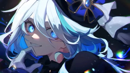 HD wallpaper of Furina from Genshin Impact, featuring a close-up of her blue eyes and white hair.