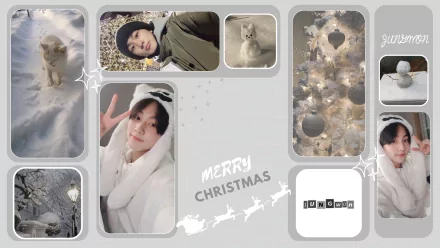 HD PC desktop wallpaper featuring ENHYPEN members with a winter and Christmas theme, blending festive imagery and music-inspired design elements.