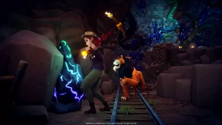 HD wallpaper featuring a Disney Dreamlight Valley character with a magical pickaxe, accompanied by a bear, exploring mystical underground caves.