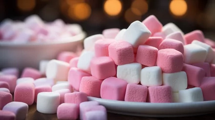 HD desktop wallpaper featuring a close-up of pink and white marshmallows piled on a plate with a soft, warm bokeh background.
