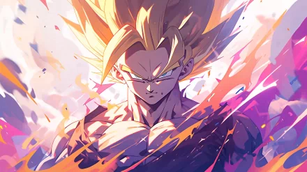 HD desktop wallpaper featuring Gohan from Dragon Ball, poised for battle amidst dynamic, colorful energy bursts.