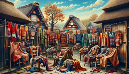 HD wallpaper featuring a vibrant display of ugly sweaters hanging in a rustic outdoor setting.