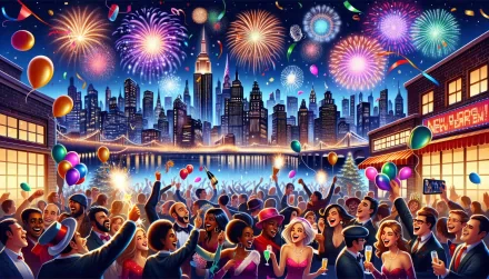 Vibrant New Year's Eve celebration HD wallpaper featuring fireworks over a city skyline with joyful crowds and floating balloons.