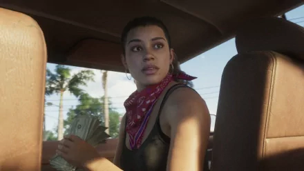 4K Ultra HD Grand Theft Auto VI PC wallpaper featuring a character inside a vehicle, holding cash, with palm trees visible through the window.