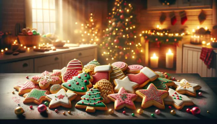 A festive arrangement of beautifully decorated holiday cookies, with twinkling lights and a cozy kitchen backdrop, creates a warm and inviting desktop wallpaper.