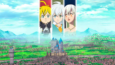 HD desktop wallpaper featuring characters from The Seven Deadly Sins: Grudge of Edinburgh with scenic backdrop.
