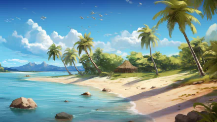 Artistic tropical beach scene with palm trees, clear water, and hut for HD desktop wallpaper background.