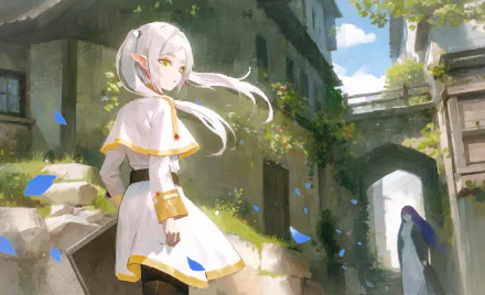 Anime-style HD PC wallpaper featuring Fern from Frieren: Beyond Journey's End standing in a sunlit, ivy-covered stone courtyard.