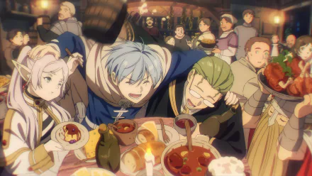 A lively feast scene from Frieren: Beyond Journey's End anime, showcasing characters enjoying food in warm, detailed 4K Ultra HD background style.