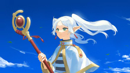 HD PC desktop wallpaper featuring Frieren, the elf mage from the anime Frieren: Beyond Journey's End, against a clear blue sky background.