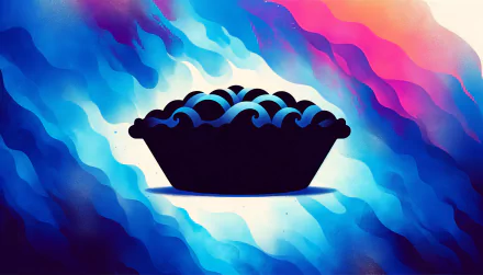 A vibrant HD desktop wallpaper featuring a stylized blueberry pie against a swirling blue and pink background, evoking a modern and artistic feel.