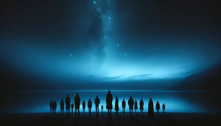 Silhouetted people standing before a stunning blue starry sky and lake - HD wallpaper with a blue aesthetic theme for desktop background.