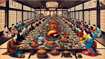 HD desktop wallpaper featuring a traditional feast with elegantly dressed individuals in a detailed banquet hall setting.