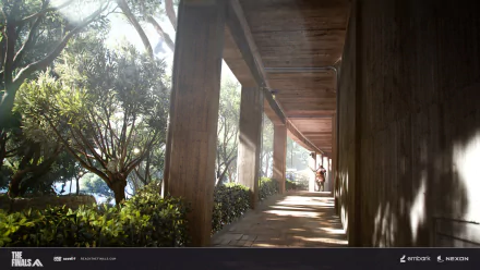 HD desktop wallpaper from the video game 'The Finals' featuring a serene corridor with sunlight filtering through the trees.