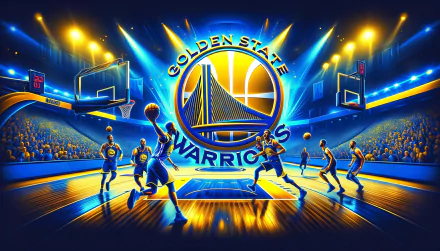 HD desktop wallpaper featuring the Golden State Warriors logo and animated players in action on a vibrant basketball court.