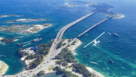 HD Wallpaper of Grand Theft Auto VI featuring aerial view of bridge and island with plane flying over picturesque landscape for desktop background.