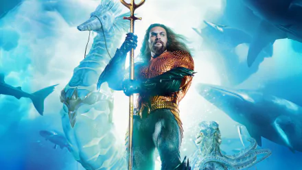 HD desktop wallpaper featuring a character from Aquaman and The Lost Kingdom movie, holding a trident amidst an underwater scene with marine creatures.