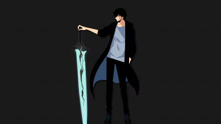 HD desktop wallpaper featuring Sung Jin-Woo from Solo Leveling anime, depicted with a glowing sword on a dark background.